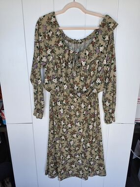 Sears Floral Ruffle-Neck Long Sleeve Dress - Beige